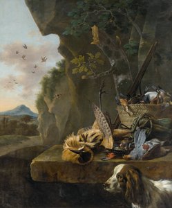 Hunting Still Life with a Bittern and a Dog in a Landscape